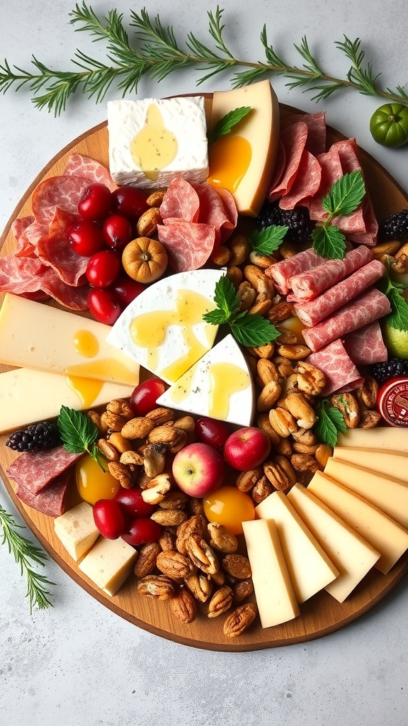 A festive charcuterie board with cheeses, meats, fruits, and nuts for Christmas.